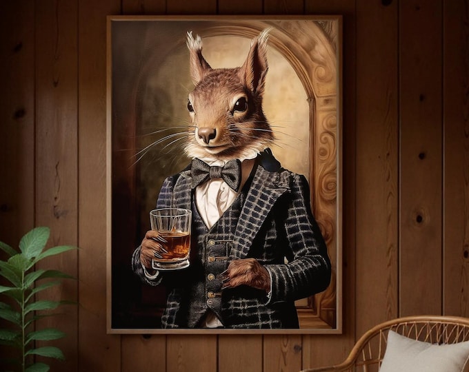 Victorian Squirrel Art Print: Whiskey Animal Portrait, UK Heritage Art
