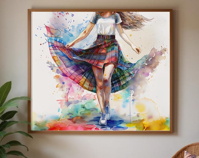Watercolor Tartan Skirt Art Print: Scottish Country Dancer Illustration