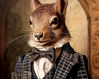 Victorian Squirrel Drinking Whiskey - Scottish Red Squirrel's head on a Human Body - Art Print