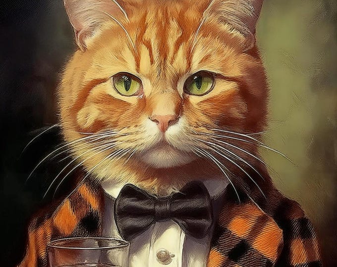 Victorian Ginger Cat in a Tartan Suit Drinking Whiskey - Cat's head on a Human Body - Art Print