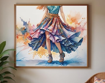 Framed Art, "Scottish Country Dancer In A Tartan Skirt", Framed Painting