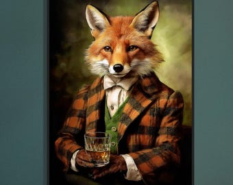Wooden Framed Poster Red Fox Drinking Whiskey - Fox's head on a Human Body