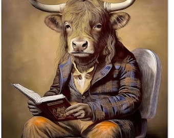 Victorian Cow Bathroom Art - Funny Highlander Cow on Toilet - Fine Art Print