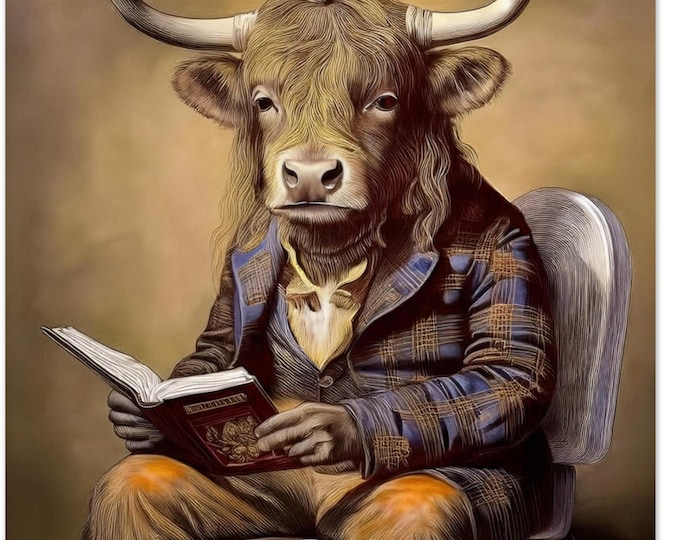 Victorian Cow Bathroom Art - Funny Highlander Cow on Toilet - Fine Art Print