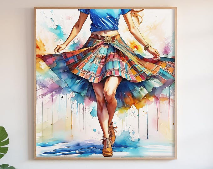 Scottish Country Dancer Watercolor Print: Tartan Skirt Highland Art