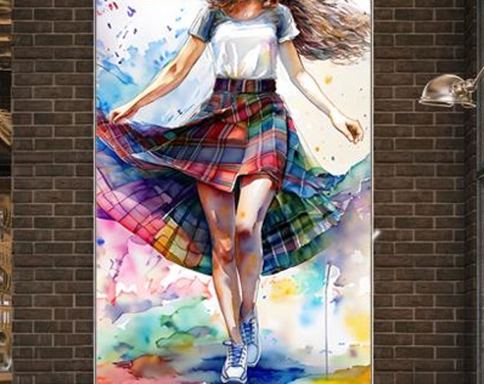 Wooden Framed Poster Watercolor Tartan Skirt