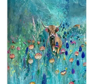 Canvas Cute Hairy Cow - Turqoise | Capture the Beauty of Scotland with this Enchanting Scottish highland cow canvas