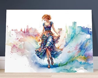 Art Print "Scottish Woman in a Tartan Skirt (with the Edinburgh Skyline)" | Tartan Girlies Collection