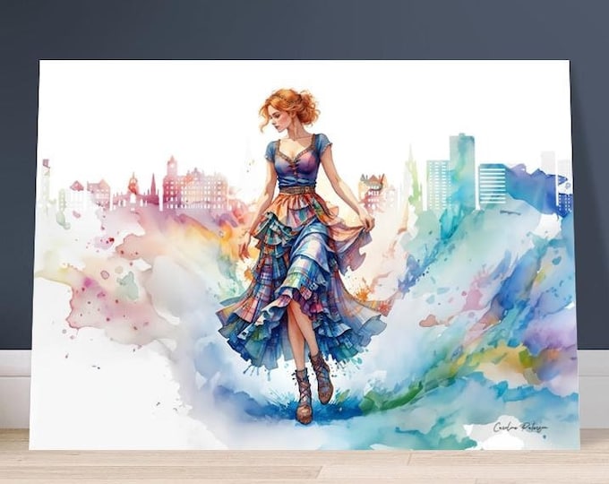 Art Print "Scottish Woman in a Tartan Skirt (with the Edinburgh Skyline)" | Tartan Girlies Collection