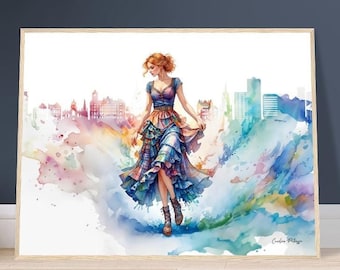 Wooden Framed Poster "Scottish Country Dancer In A Tartan Skirt (with the Edinburgh Skyline)" | Tartan Girlies Collection