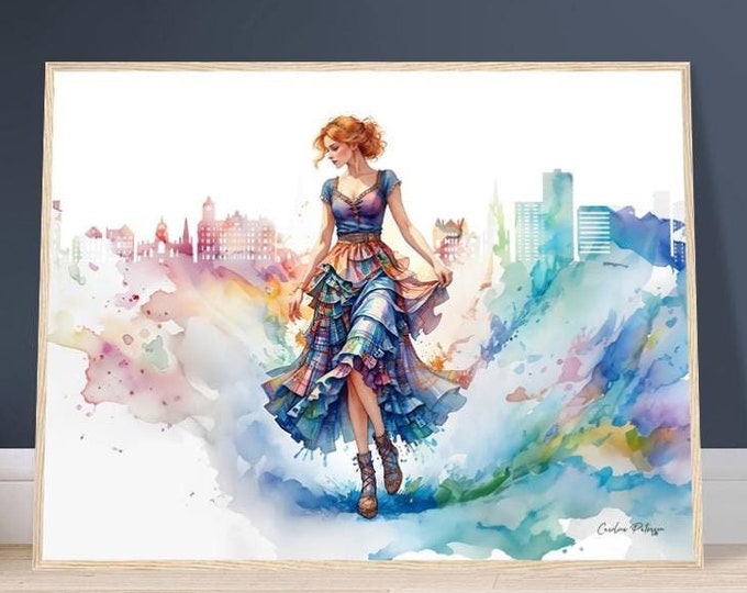 Wooden Framed Poster "Scottish Country Dancer In A Tartan Skirt (with the Edinburgh Skyline)" | Tartan Girlies Collection