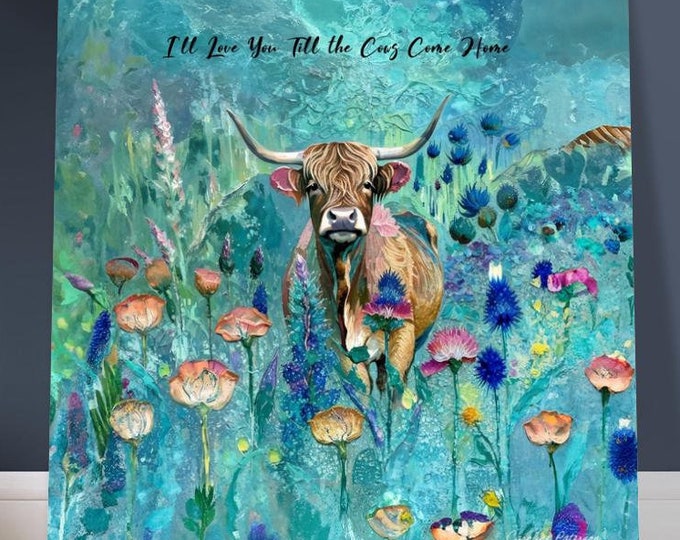 Custom Made Art Print " Cute Hairy Cow" - Turqoise - Add Any Name or Text - Scottish FarmHouse Style Collection