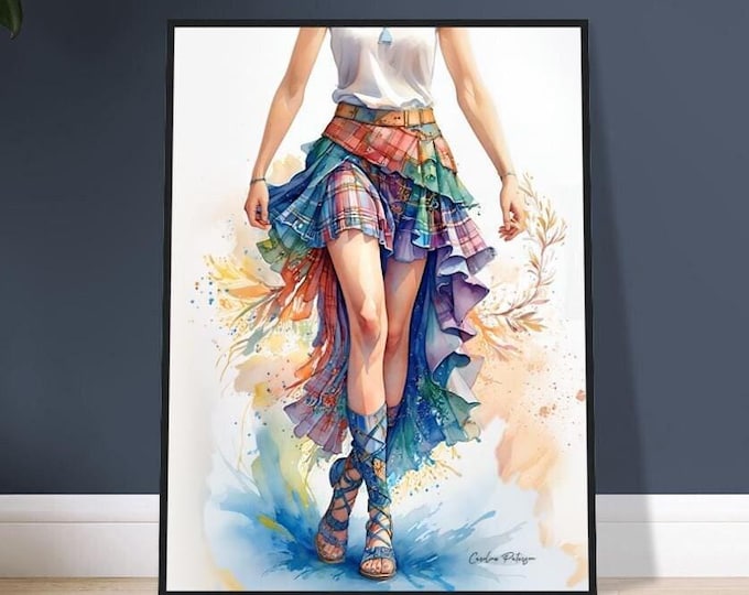 Scottish Dancer Framed Art: Tartan Skirt Watercolor Painting