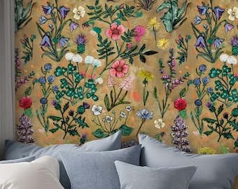 Canvas Wallpaper Hand drawn Wildflowers - Self Adhesive Floral Wallpaper for England, Scotland, Wales & Ireland