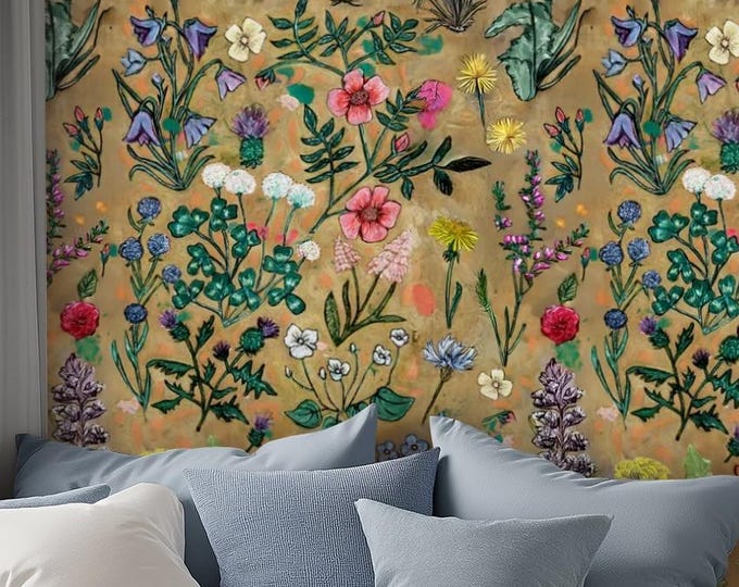 Canvas Wallpaper Hand drawn Wildflowers - Self Adhesive Floral Wallpaper for England, Scotland, Wales & Ireland