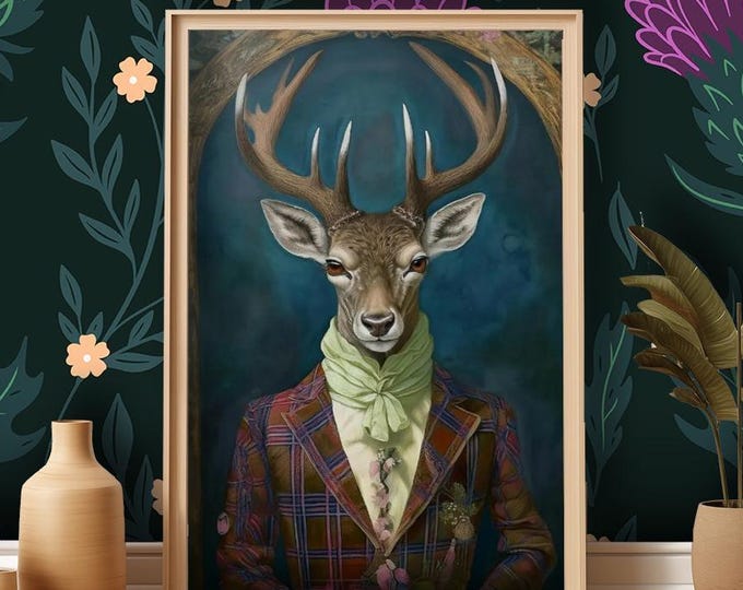 Victorian Stag Art Print: Tartan Suit, Giclée Fine Art Poster