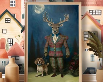 Victorian Stag & Beagle Art Print: Whimsical British Heritage Poster