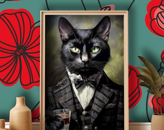 Victorian Black Cat Drinking Whiskey - Cat's head on a Human Body - Art Print
