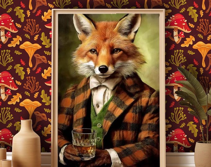 Victorian Red Fox Drinking Whiskey - Fox's head on a Human Body - Art Print