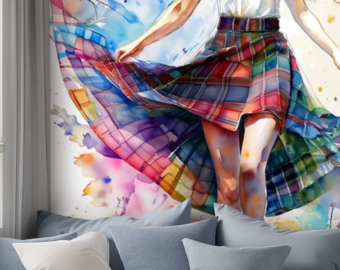 Canvas Wallpaper Mural Watercolor Plaid Skirt - Tartan Skirt - Self Adhesive Canvas Wallpaper