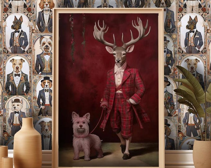 Victorian Stag in a Tartan Suit & Terrier Dog Art Print - Giclée Fine Art Poster | Stag's head on a human body
