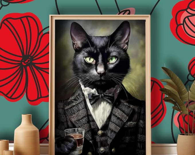 Victorian Black Cat Art Print: Whiskey Drinking Animal Portrait