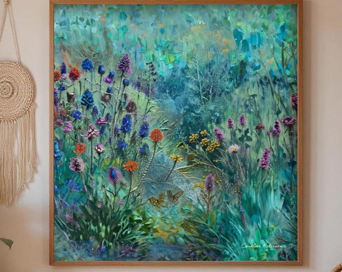 Art Print British Wildflowers - turqoise - FarmHouse Style -UK Heritage Art, Traditional Home Gift