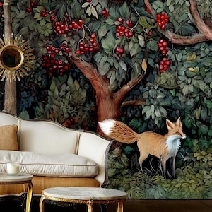 Carta da parati murale autoadesiva disegnata a mano, motivo foresta, carta da parati murale ispirata a William Morris, set 2 di 2 - Carta da parati Fox