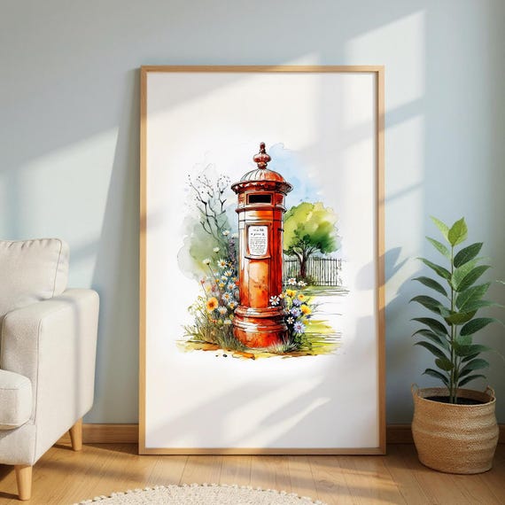 British Pillar Box Art Print: Red Postal Box, UK Heritage Poster