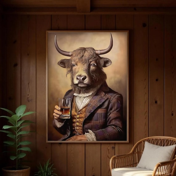Victorian Hairy Cow Framed Art: Whiskey Drinking Highlander, Wooden Framed Poster