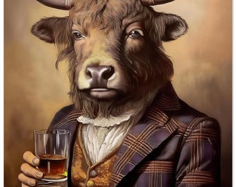 Victorian Hairy Cow Art Print - Highlander Cow Drinking Whiskey - Fine Art Poster