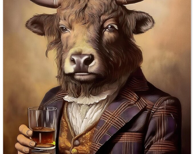 Victorian Hairy Cow Art Print - Highlander Cow Drinking Whiskey - Fine Art Poster