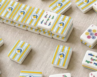 American Mahjong Set, Amalfi Coast Lemons | Yellow & Blue Stripes | Made-To-Order Acrylic Tiles, Mat + Racks