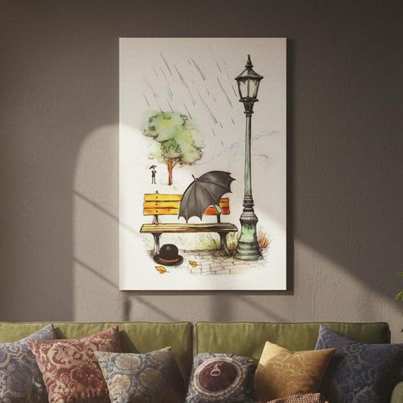 British Park Scene Canvas Print: Black Bowler Hat & Umbrella Art