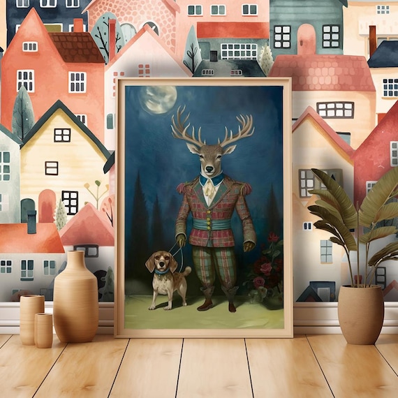 Victorian Stag & Beagle Art Print: Whimsical British Heritage Poster