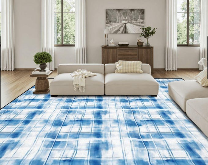 Large Area Rug - Floor Carpet Scottish Blue (144"x108" / 366 cm x 274 cm) - Plaid Rug - Cottage Core Home Decor