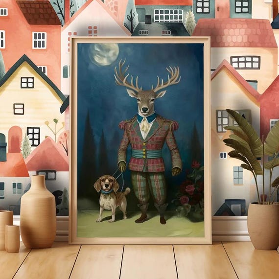 Victorian Stag & Beagle Framed Art Print - Classic British Heritage Decor