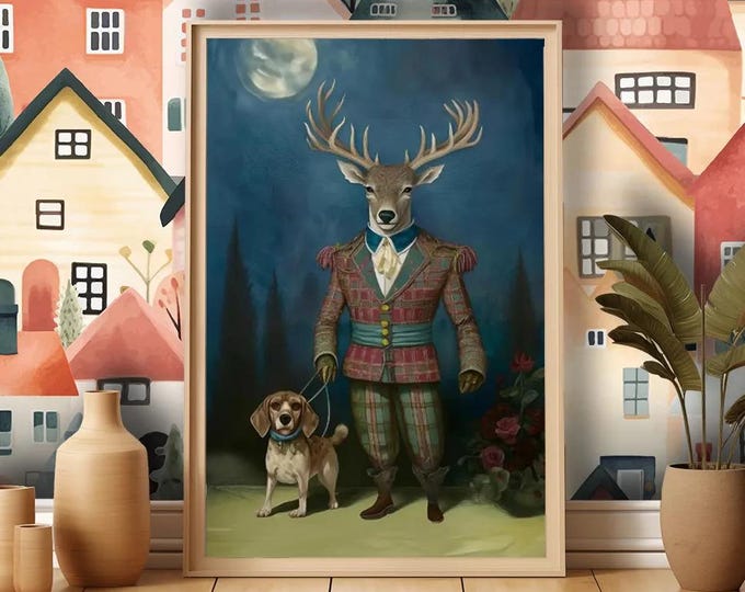 Victorian Stag & Beagle Framed Art Print - Classic British Heritage Decor