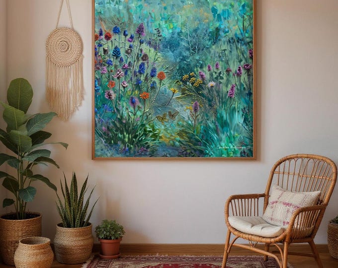 Art Print British Wildflowers - turqoise - FarmHouse Style -UK Heritage Art, Traditional Home Gift