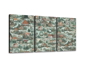Scottish Cottages & Animals - William Morris Inspired 3 Panels Canvas Prints Wall Art