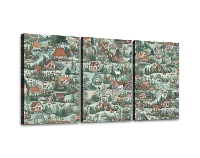 Scottish Cottages & Animals - William Morris Inspired 3 Panels Canvas Prints Wall Art