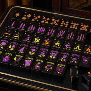 May include: A set of black mahjong tiles featuring colorful Halloween-themed illustrations including pumpkins, purple candles, flowers, and various joker icons. The tiles display numbers, Chinese characters, and the word flower in bright neon colors.