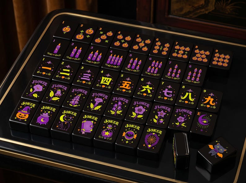 May include: A set of black mahjong tiles featuring colorful Halloween-themed illustrations including pumpkins, purple candles, flowers, and various joker icons. The tiles display numbers, Chinese characters, and the word flower in bright neon colors.