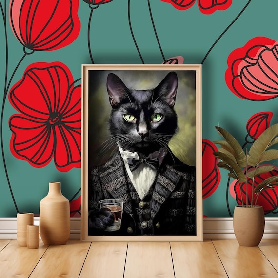 Victorian Black Cat Art Print: Whiskey Drinking Animal Portrait