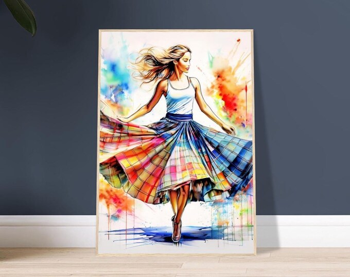 Scottish Dancer Poster: Colorful Watercolor Art, Wooden Frame