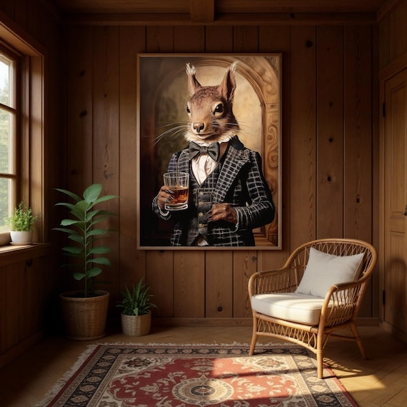 Victorian Squirrel Art Print: Whiskey Animal Portrait, UK Heritage Art