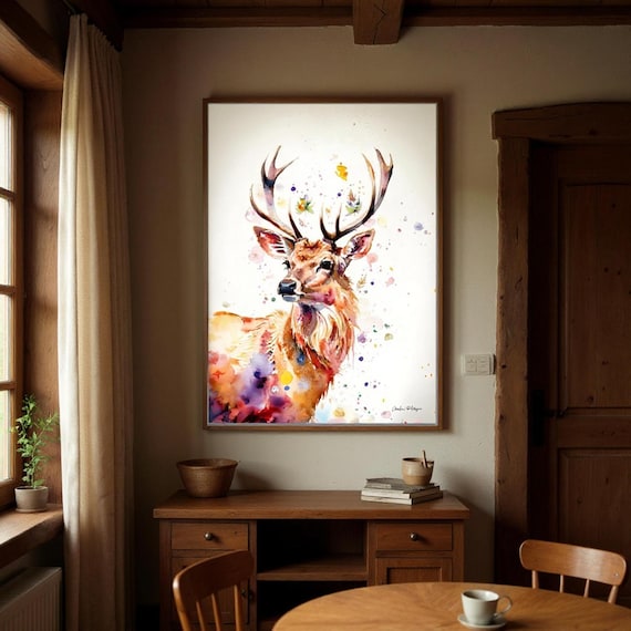Framed Red Deer Print: British Wildlife Watercolor Art