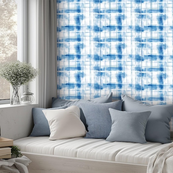 Self Adhesive Canvas Wallpaper Mural Scottish Blue - Tartan Plaid Wallpaper