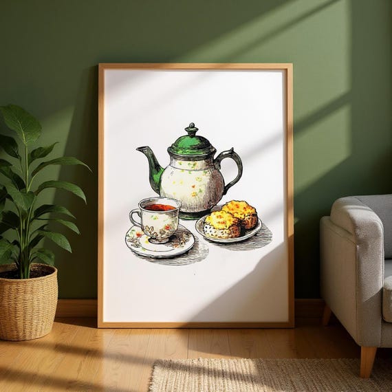 Traditional Tea Set Poster: UK Heritage Art, Matte Finish