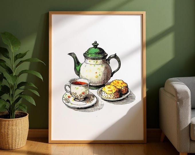 Traditional Tea Set Poster: UK Heritage Art, Matte Finish